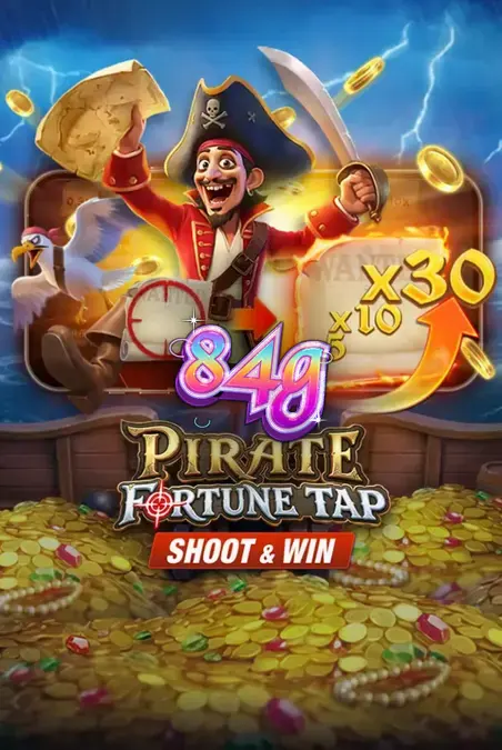 Interface de jogo do Pirate Fortune Tap com canhão e cenário de mar